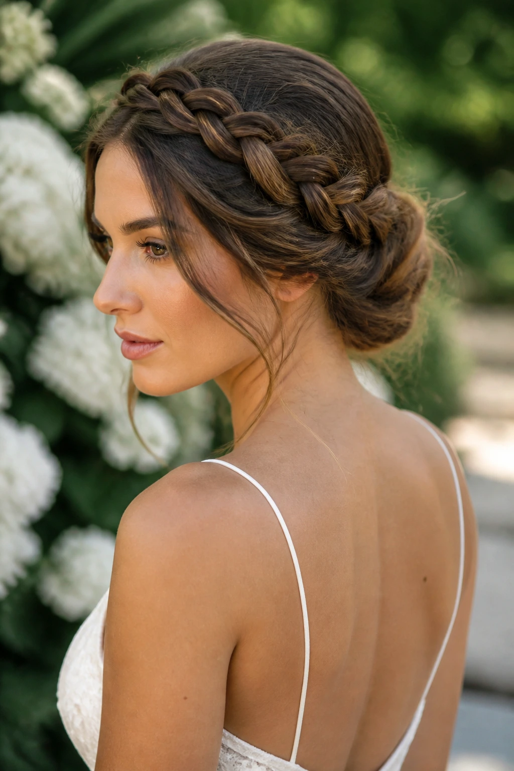 Three-quarter view of a woman wearing a boho halo braid with soft tucked ends