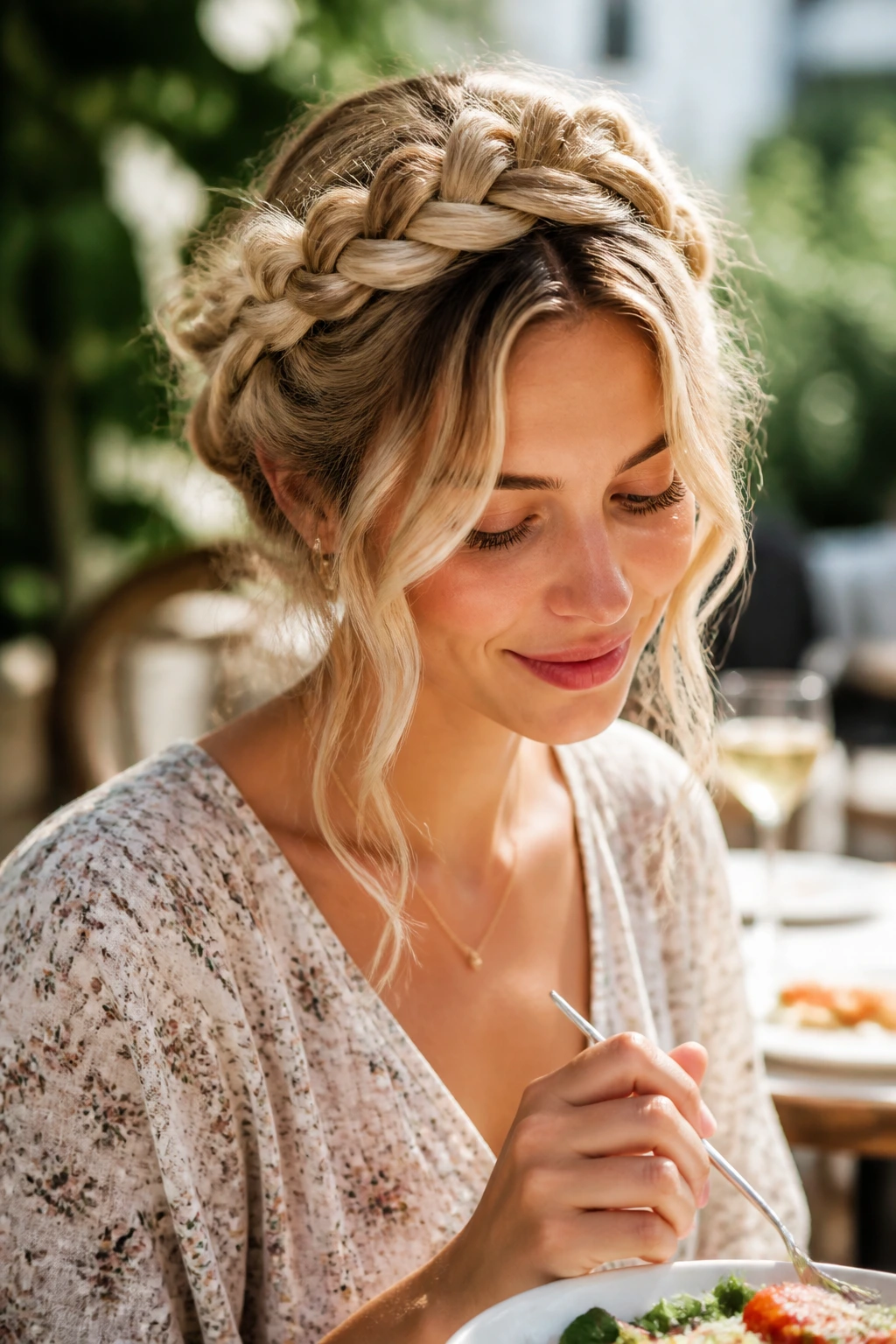 Real woman wearing a softly pulled-apart boho halo crown braid in natural light.