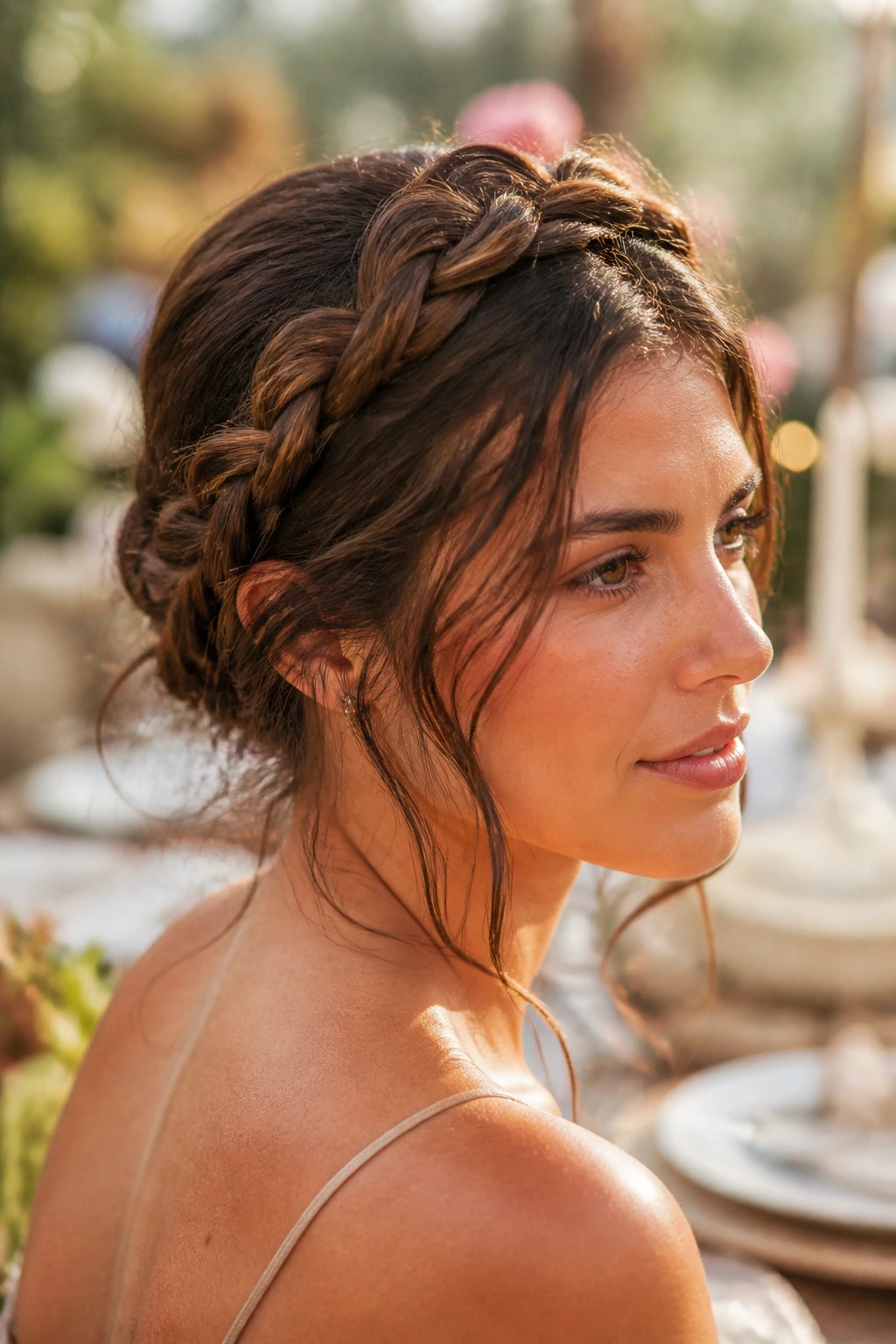 Close-up of a real woman with boho halo braid and face-framing tendrils.