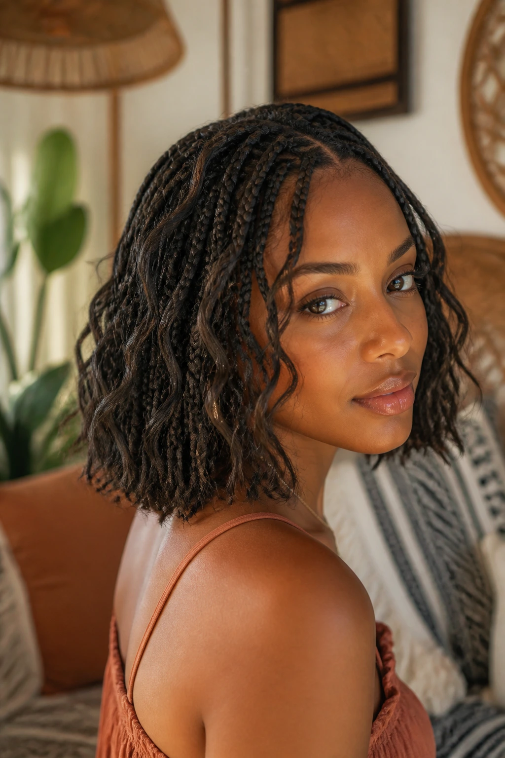Real person with boho knotless bob and loose waves close-up