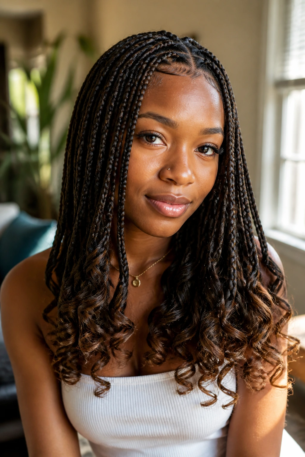 Close-up of a woman with boho knotless braids and curled ends