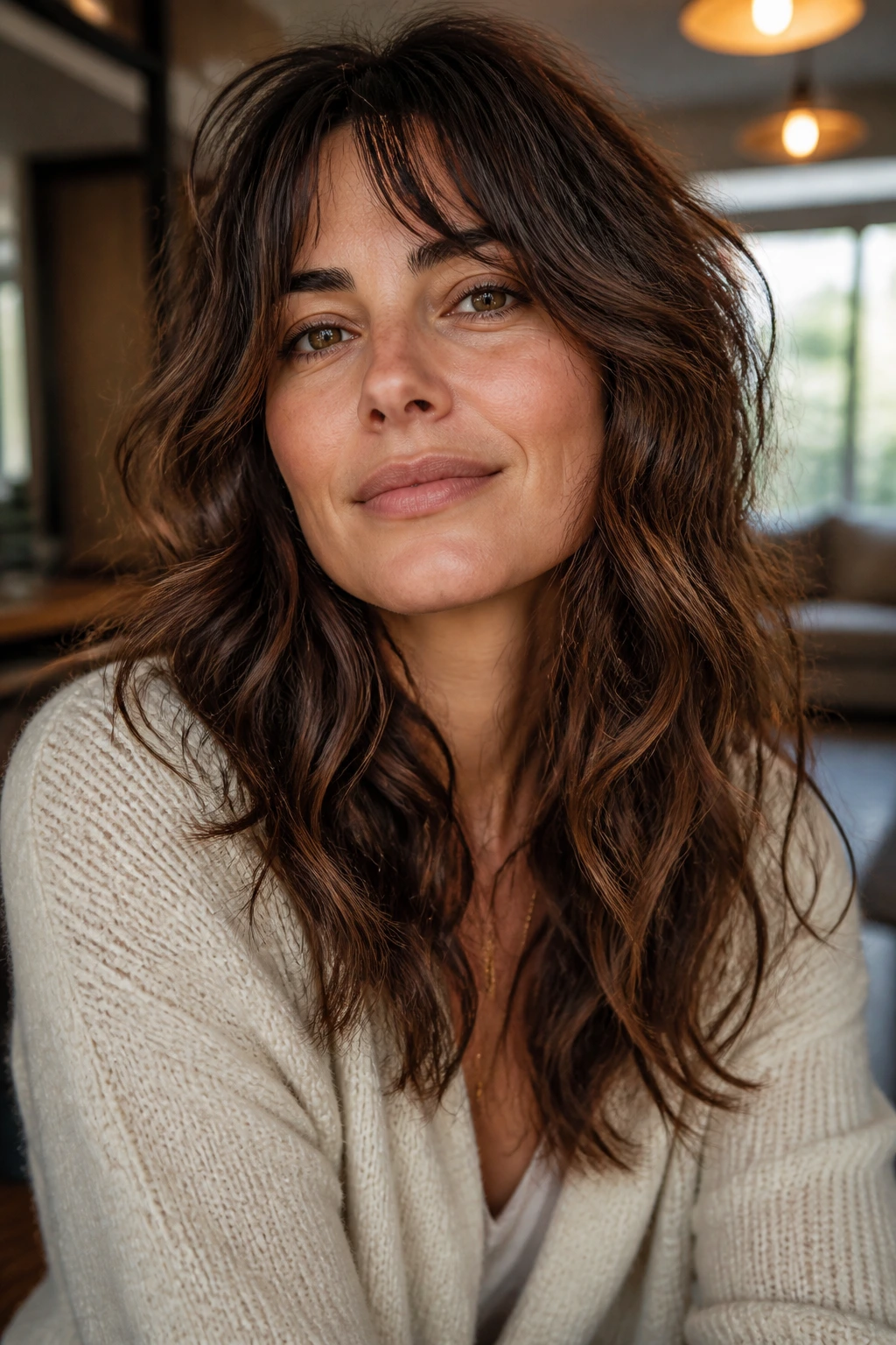 Close-up portrait of a real person with Boho Layered Shag in a cozy setting