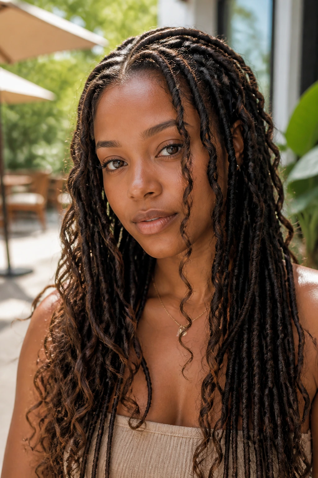 Close-up portrait of a woman with boho locs with loose waves, face framed by soft curls.