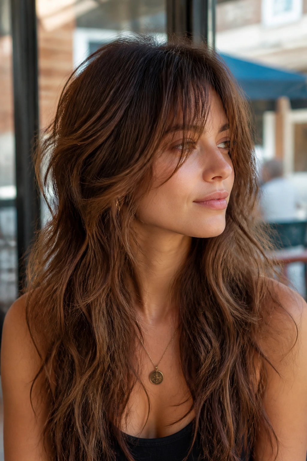 Close-up portrait of a real woman with Boho Long Fringe Wolf Shag at an outdoor cafe