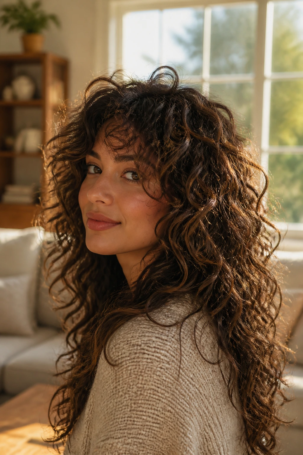 Close-up portrait of a real woman with long layered boho shag curls reaching mid-back