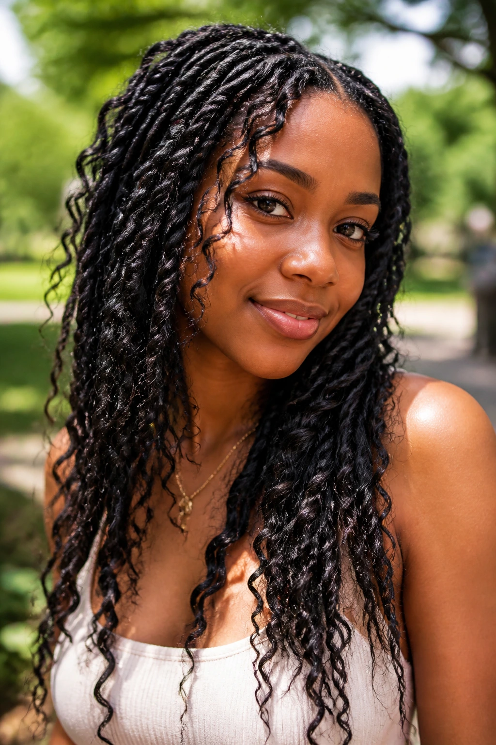 Real person with boho Marley twists and loose curls outdoors in soft sunlight