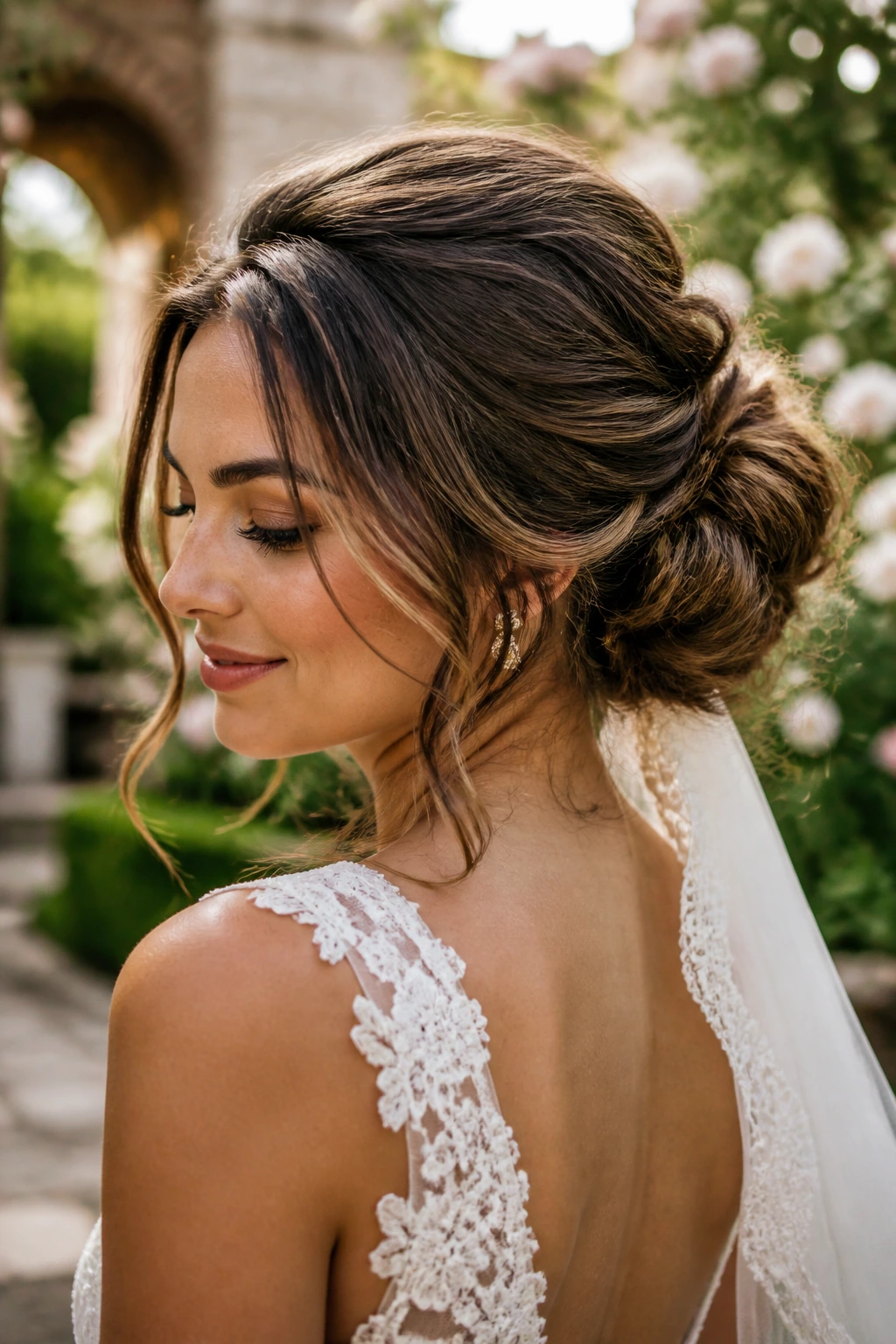 Close-up of a boho messy bun on a bride in an outdoor garden setting