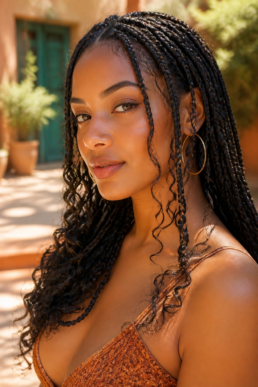 Close-up of real person with box braids in warm outdoor light