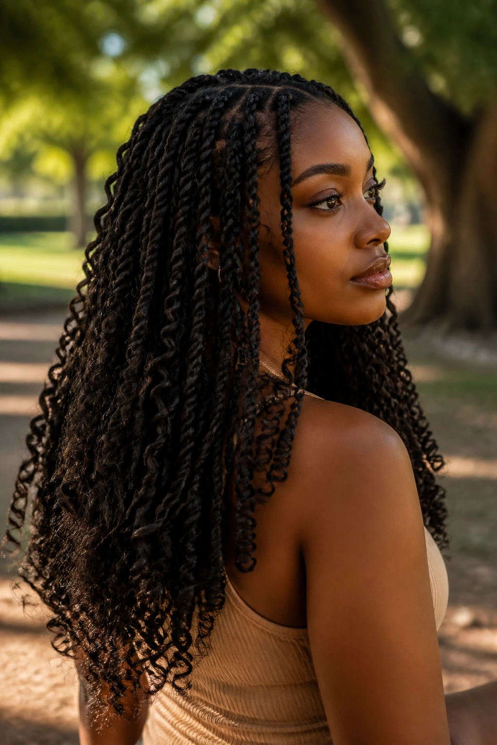 Real person with boho passion twists and loose curls in outdoor light