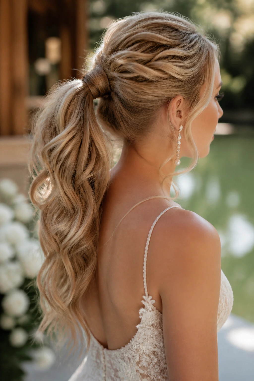 Medium close-up of a real bride with a wrapped-base boho ponytail.