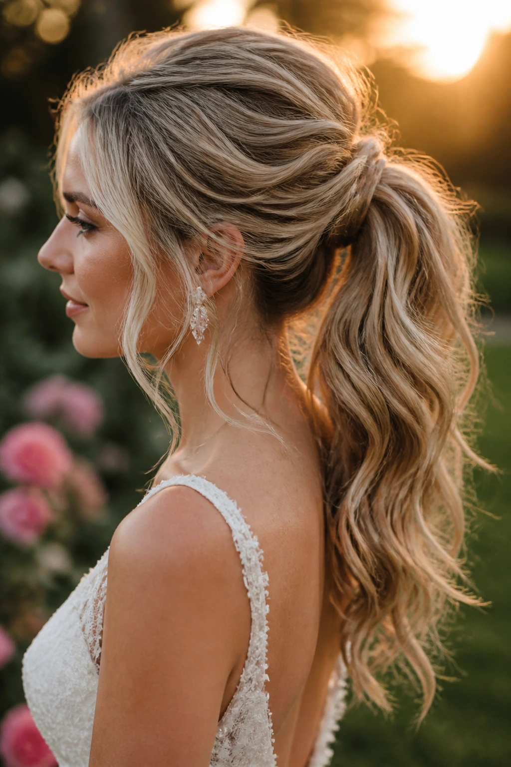 Close-up of a real bride with textured boho ponytail and wispy tendrils