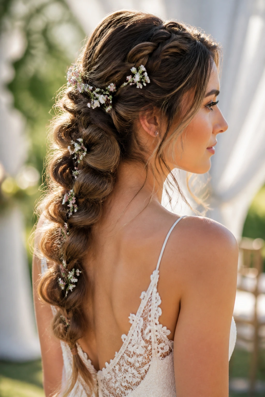 Close-up of a bride with a boho pull-through braid