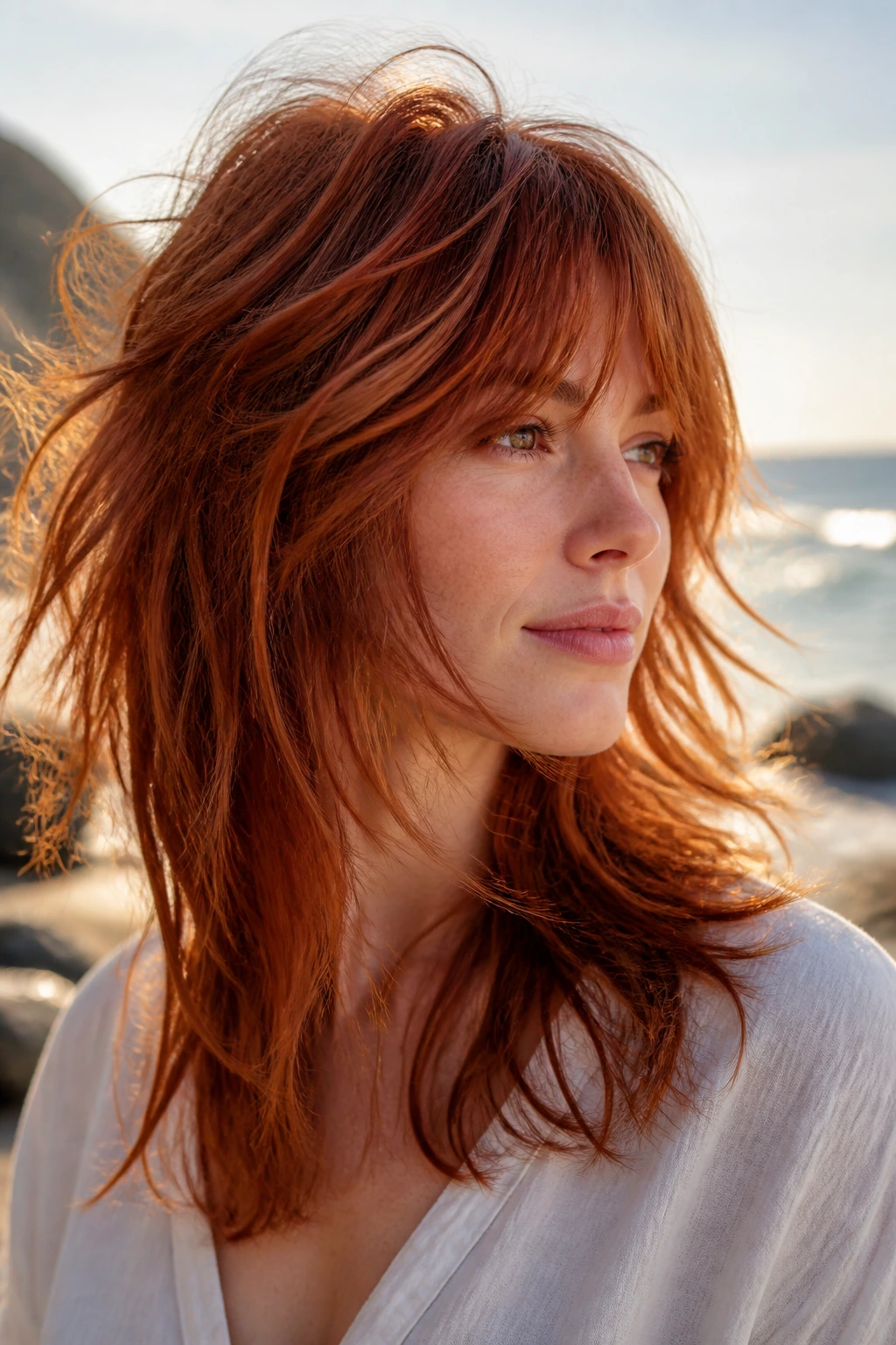 Outdoor portrait of a real woman with boho red shag and airy ends