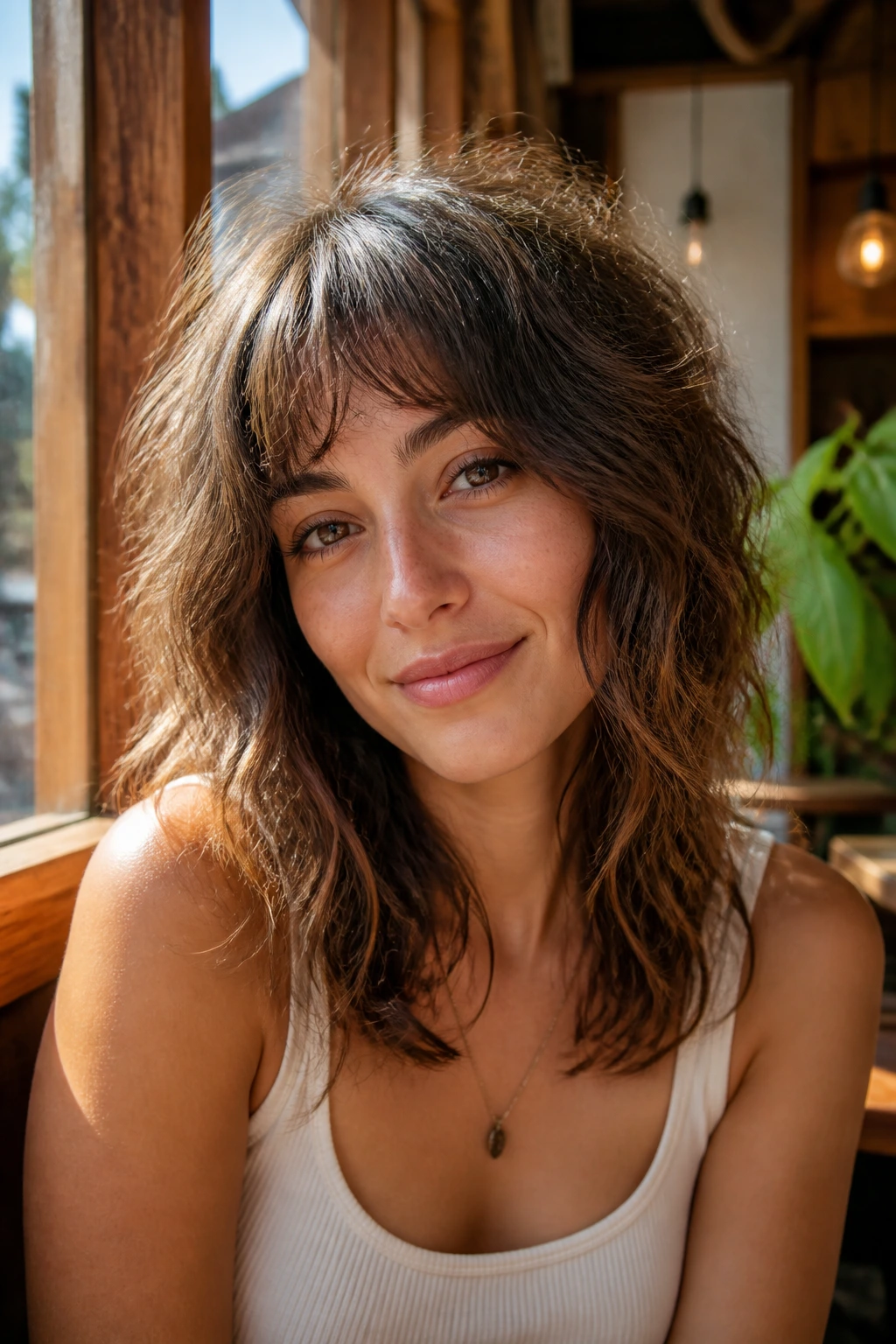 Real woman with boho shag and feathered bangs in a sunlit cafe setting.