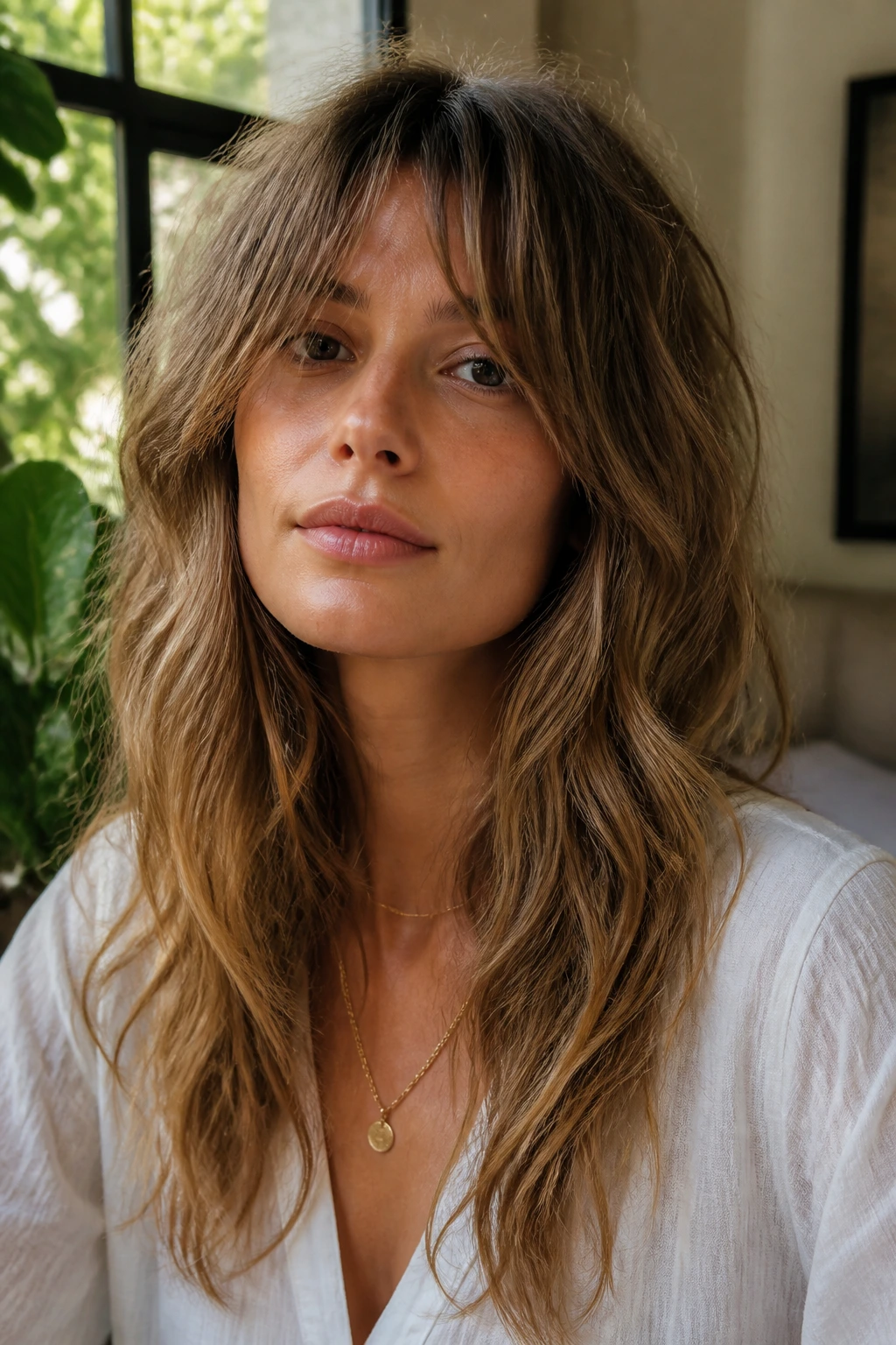 Close-up of a real woman with boho shag and long fringe in warm daylight.