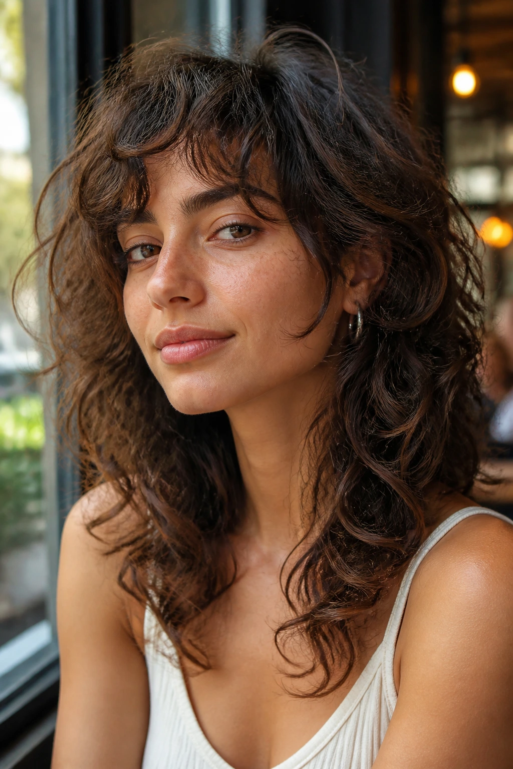 Close-up of mid-length boho shag on a real woman in sunlit cafe