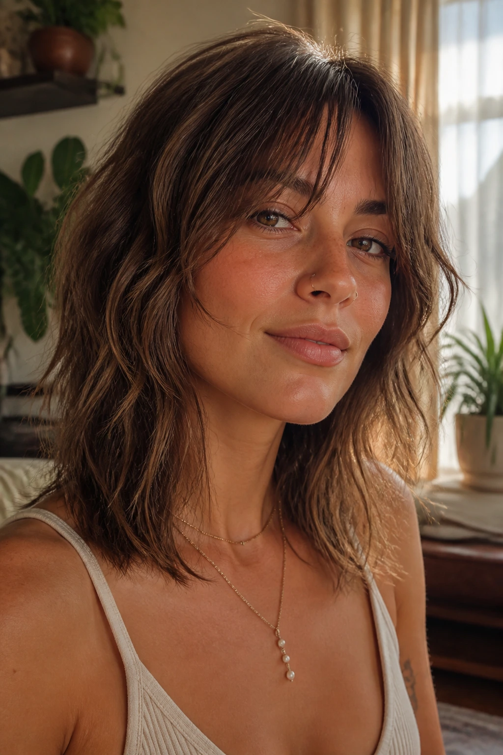 Close-up of a real woman with a boho mid-length shag, soft layers and natural waves in warm light