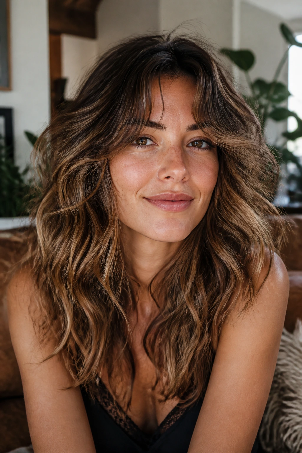 Portrait of woman with boho shag showing movement in wavy hair