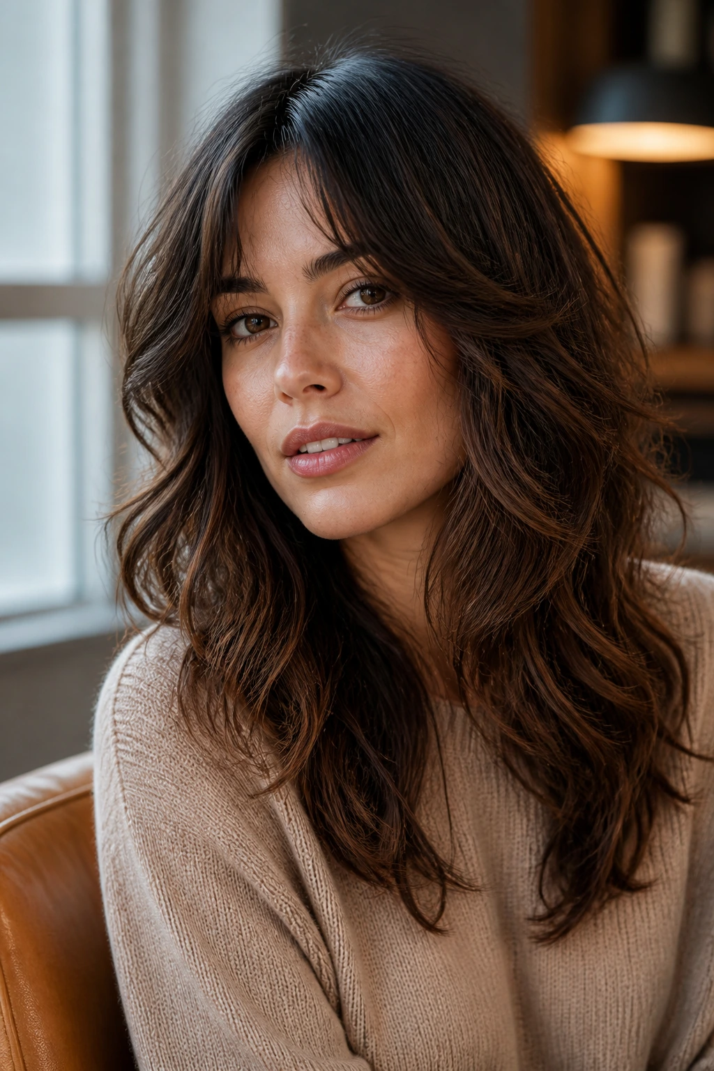 Close-up of a real woman with a soft boho shag haircut on wavy hair