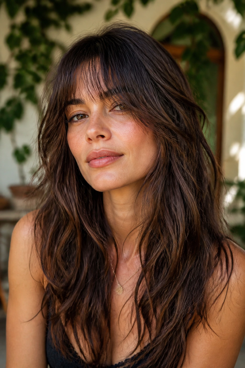 Close-up portrait of boho shag with wispy bangs in an outdoor setting