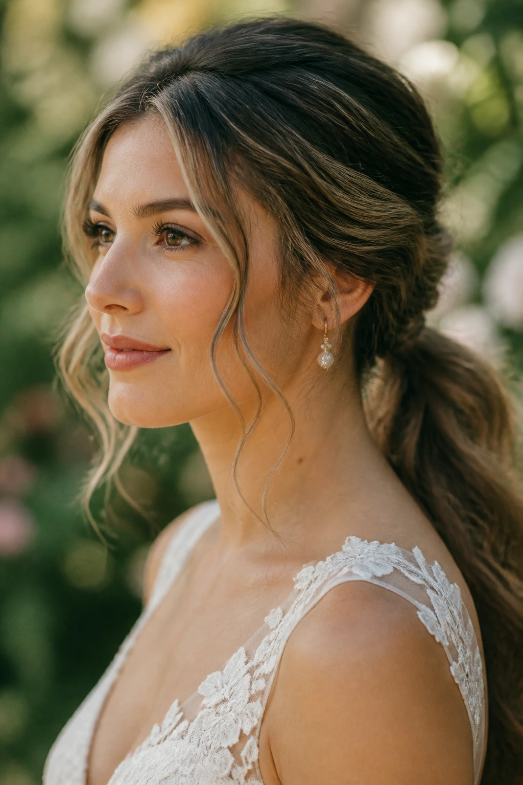Close-up of a real bride with a Boho Tendril Low Ponytail featuring delicate tendrils at temples