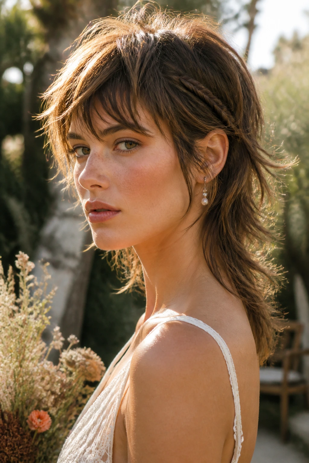Bride with boho textured mullet in an outdoor garden wedding.