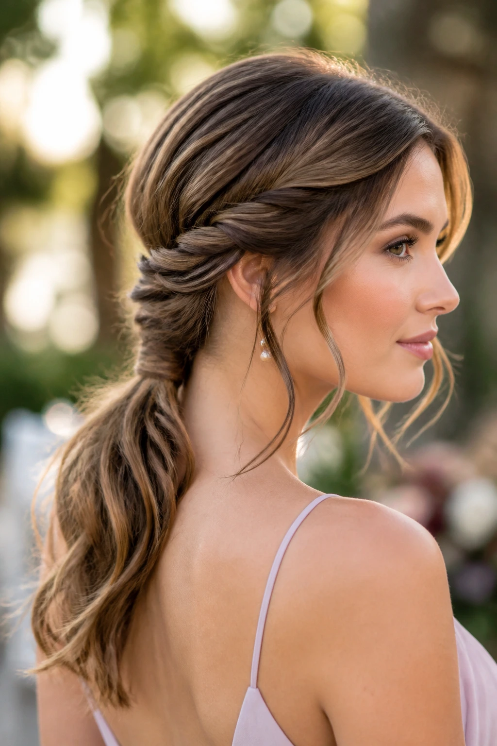 Close-up of a real woman with two loose twists and a low ponytail in boho style.