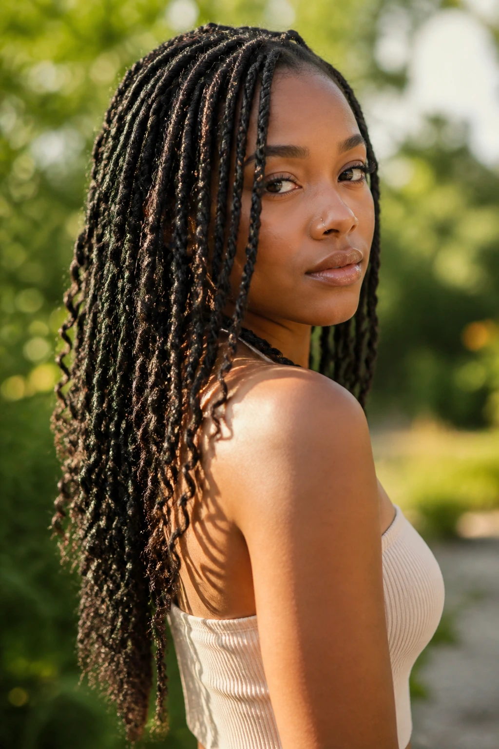 Close-up of a real woman with layered mid-back boho spring twists in sunlight.