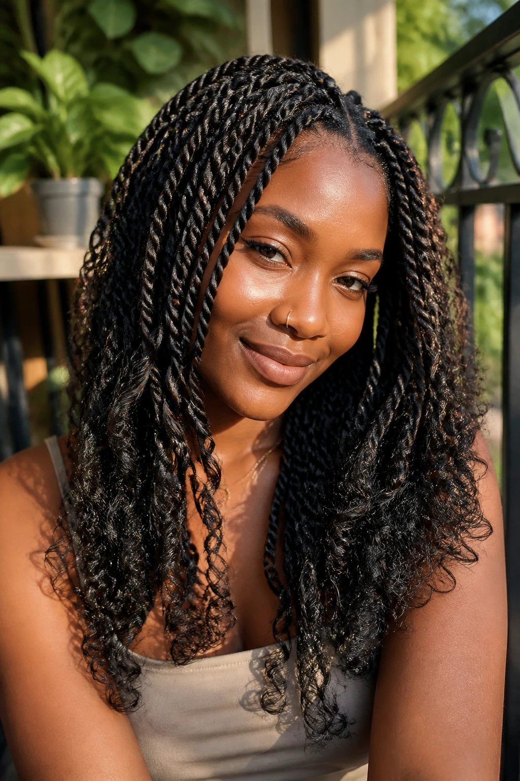 Close-up of a real woman with boho Senegalese twists and loose curls