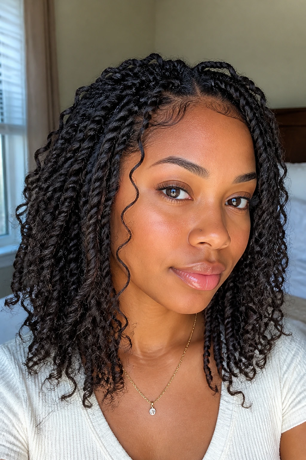 Close-up of a real woman with boho spring twists and loose ends in soft window light