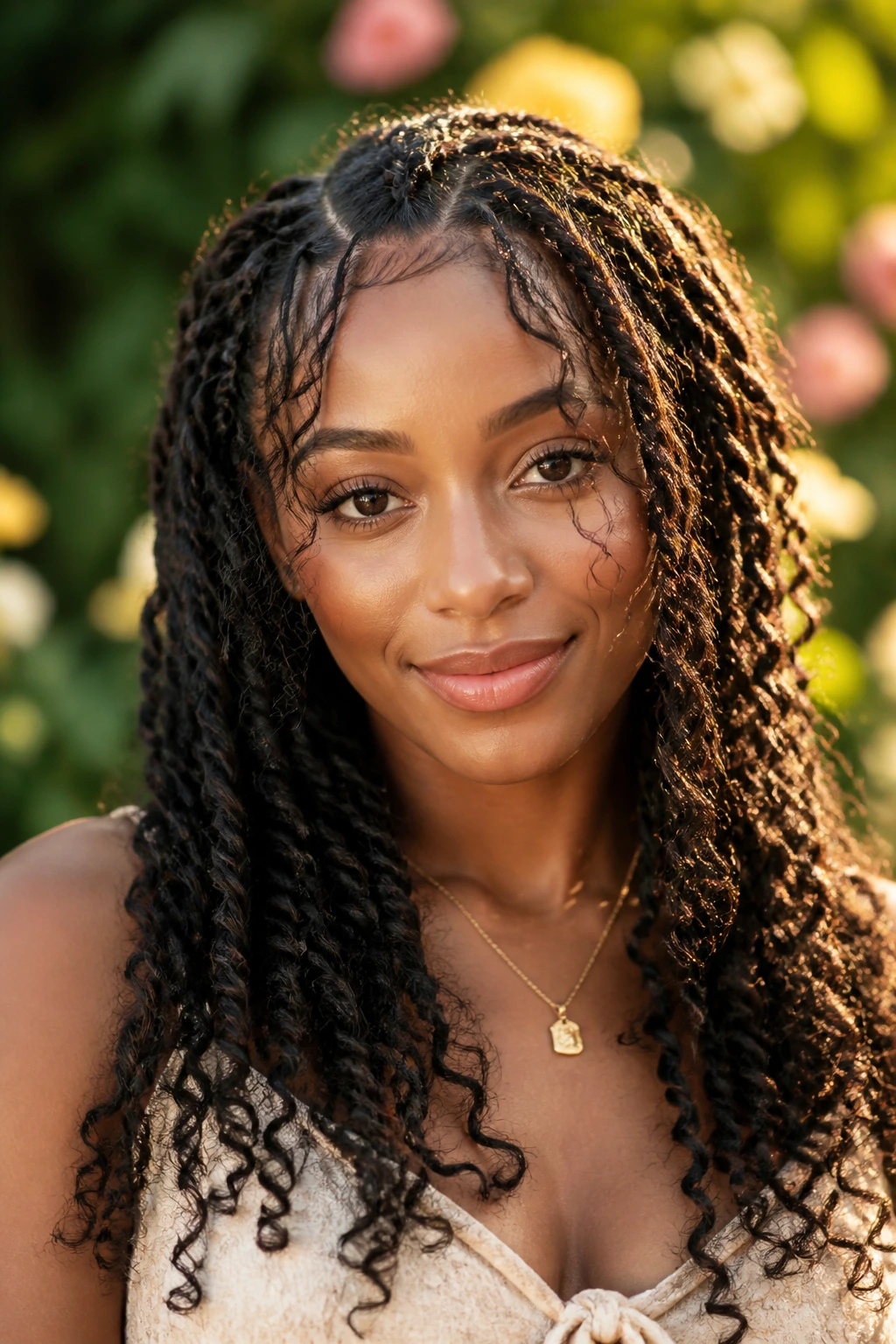 Medium close-up of a woman with boho twists and wispy curls