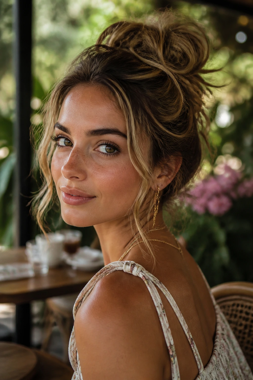 Real person with a boho updo showing soft edges and texture