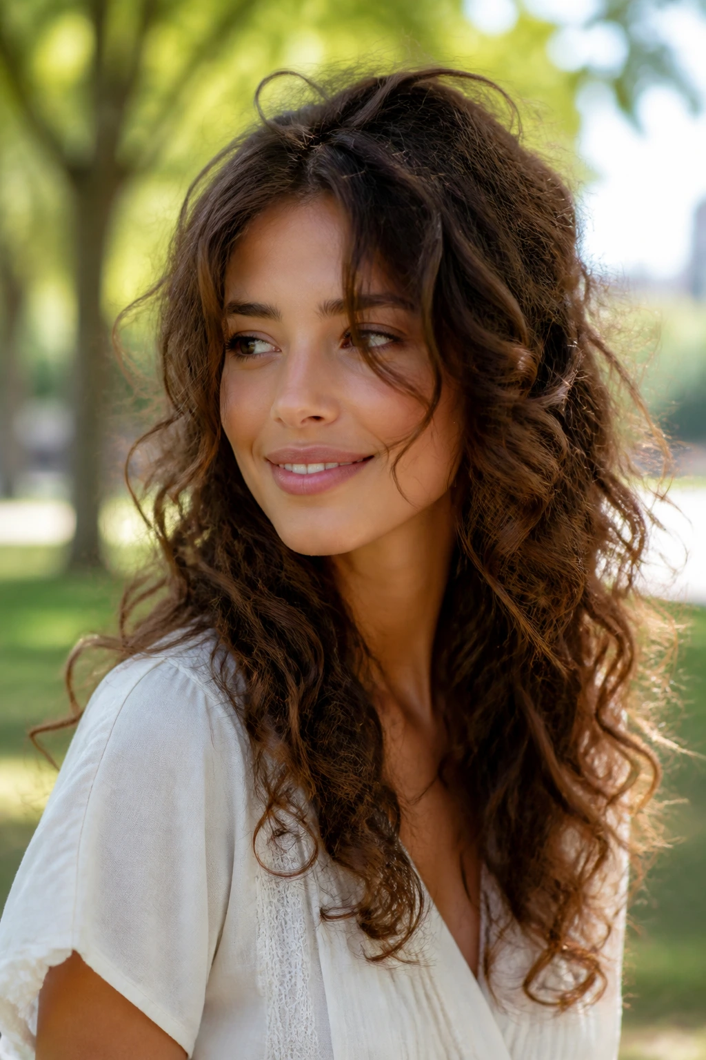 Portrait of a real woman with boho volume layers and loose front pieces framing her face.