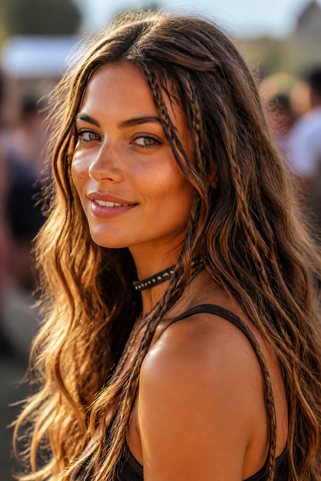 Close-up of a real woman with boho waves and tiny accent braids at temples