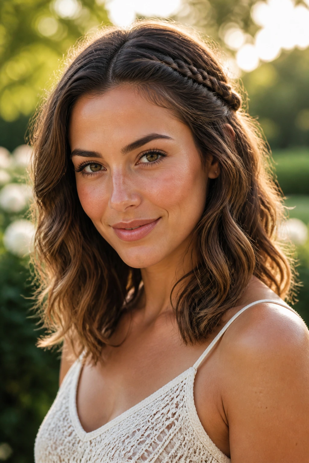 Portrait of a real woman with braids tucked into boho waves