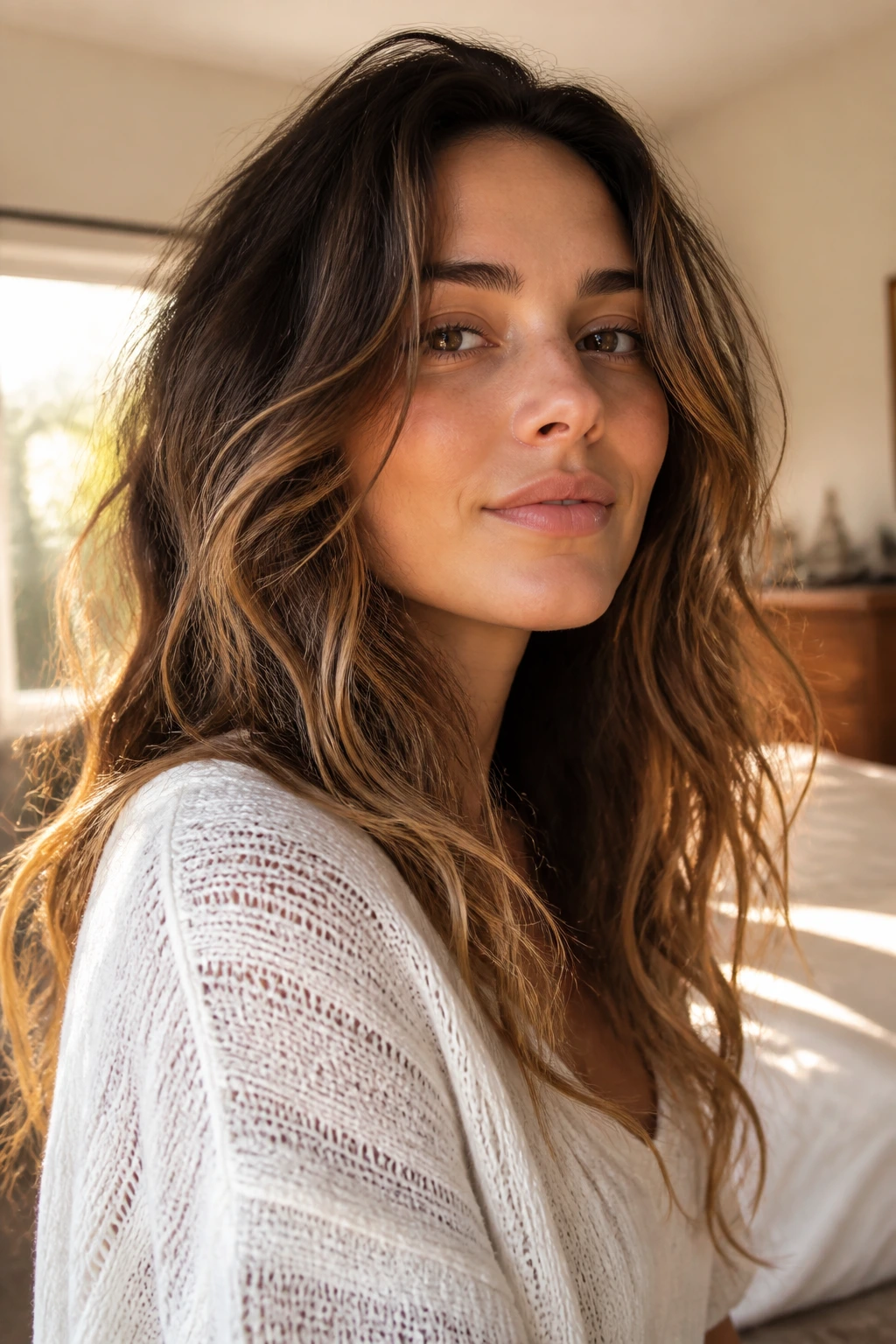 Close-up portrait of a real woman with soft boho waves and natural movement