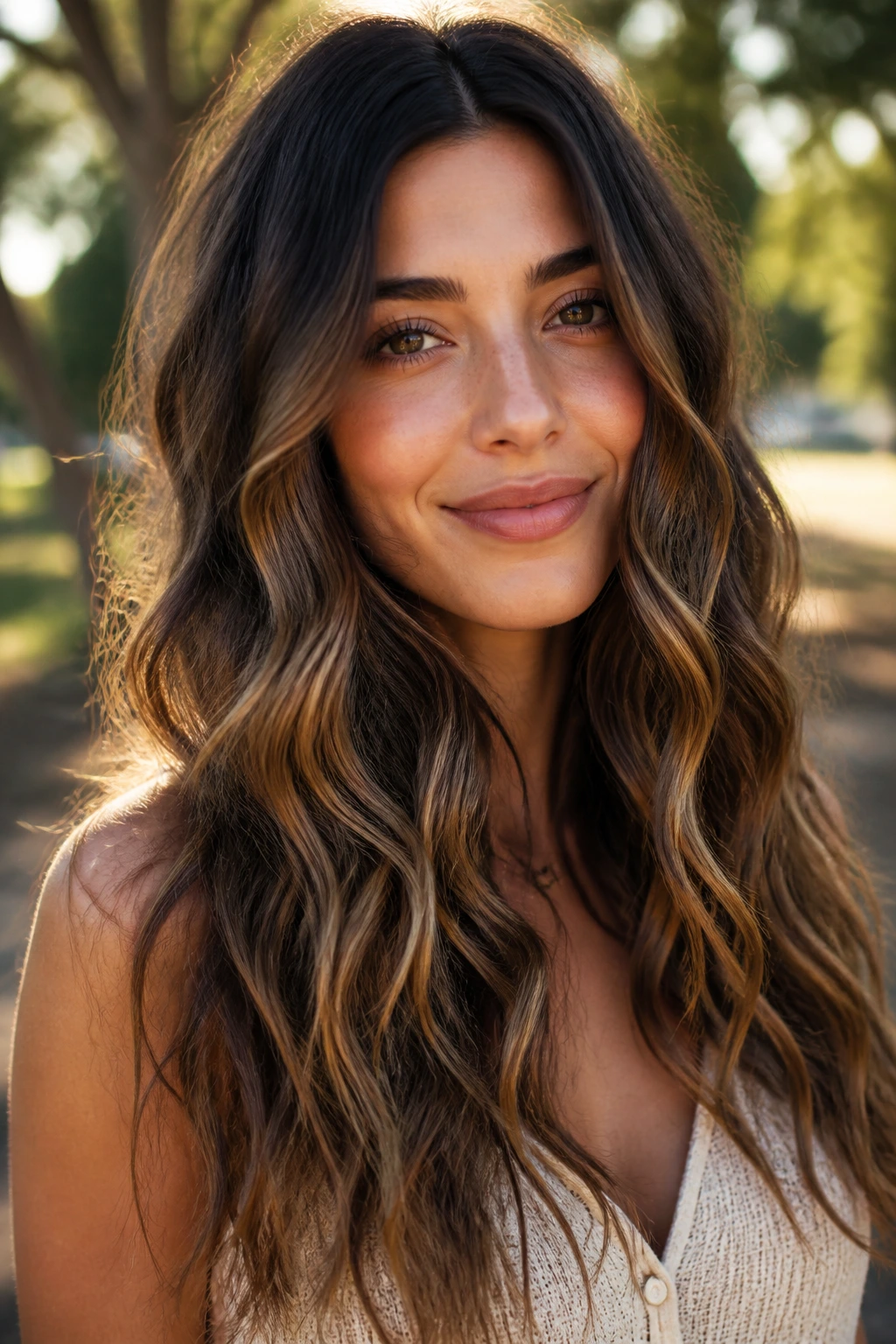 Portrait of a real woman with boho waves outdoors