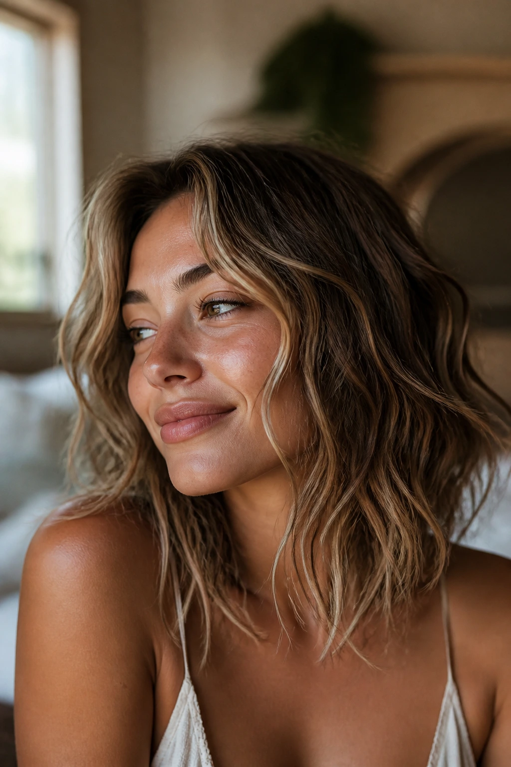 Close-up of a real woman with relaxed boho waves at the hairline in warm bedroom light