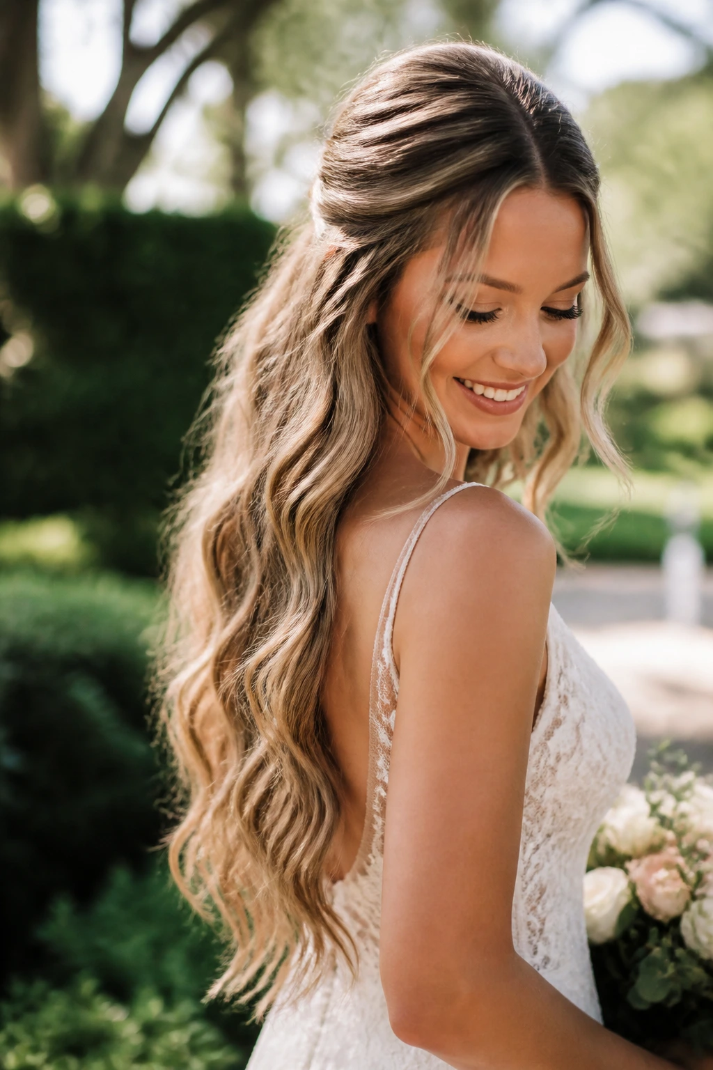 Bride with boho mermaid waves and seamless clip-ins in natural garden light