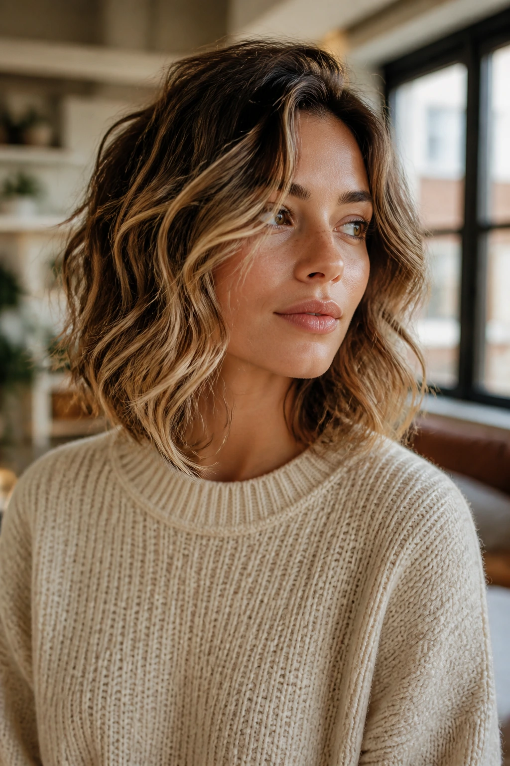 Woman with shoulder-length lob boho waves indoors