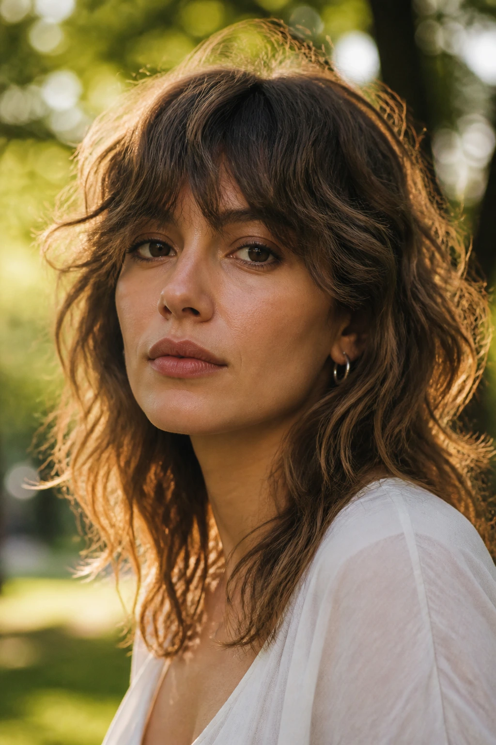 Woman with boho wavy shag featuring loose, airy waves outdoors