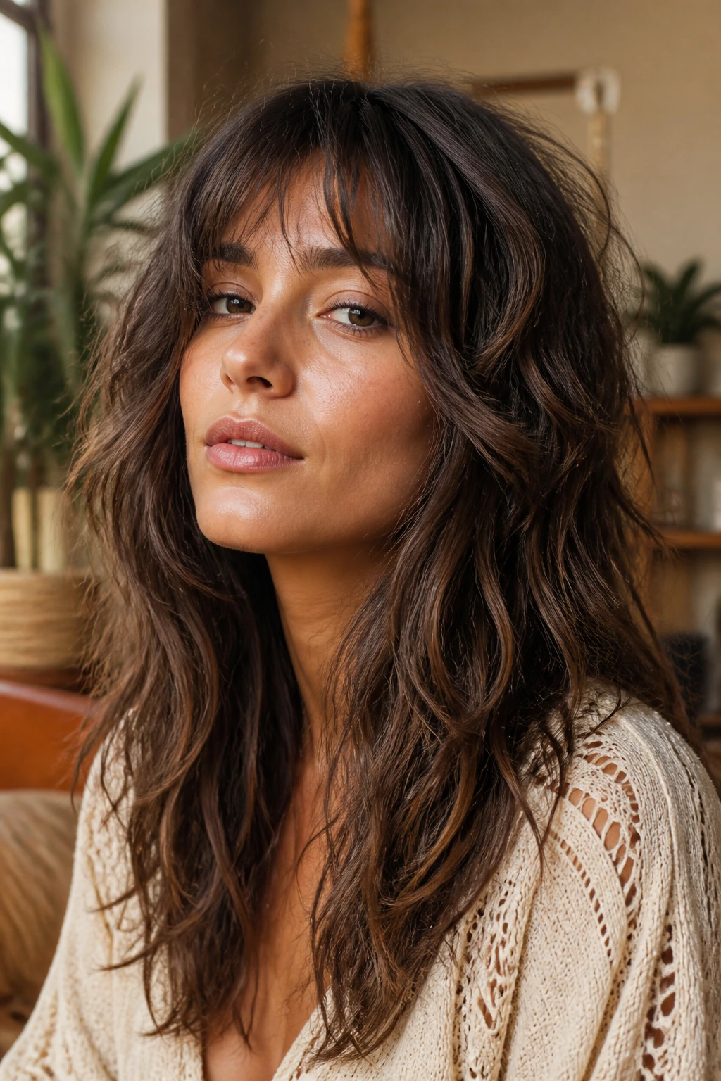 Real person with Boho Wolf hairstyle in a warm, natural setting.
