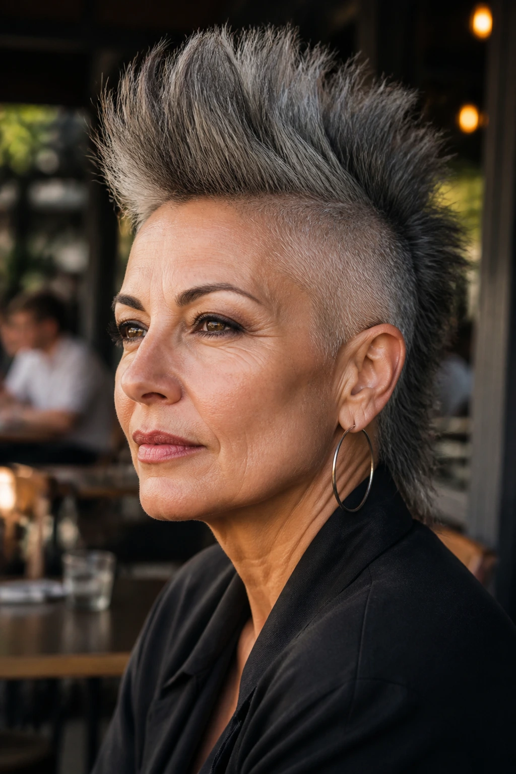 Bold attitude mohawk on real woman in urban setting
