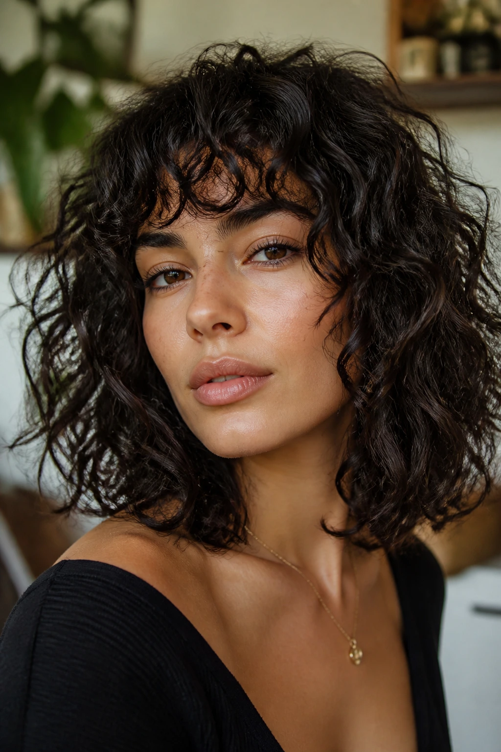 Close-up of a real woman with bold curly bangs and a curly lob