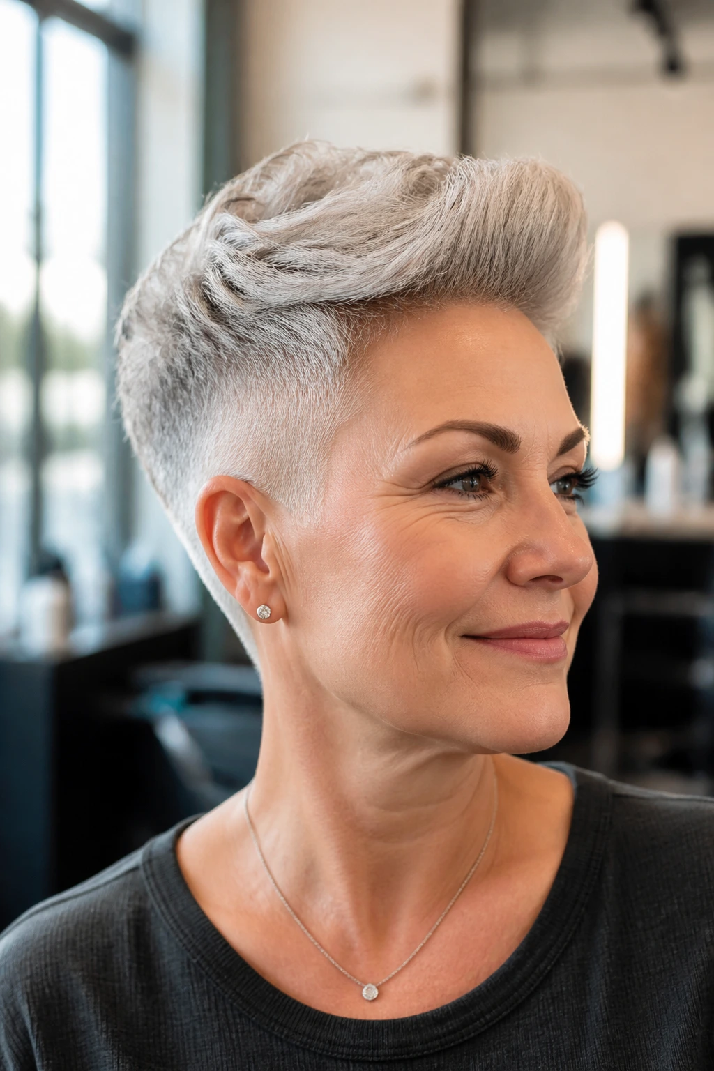 Close-up portrait of a real woman with bold brush-up crop and clean sides