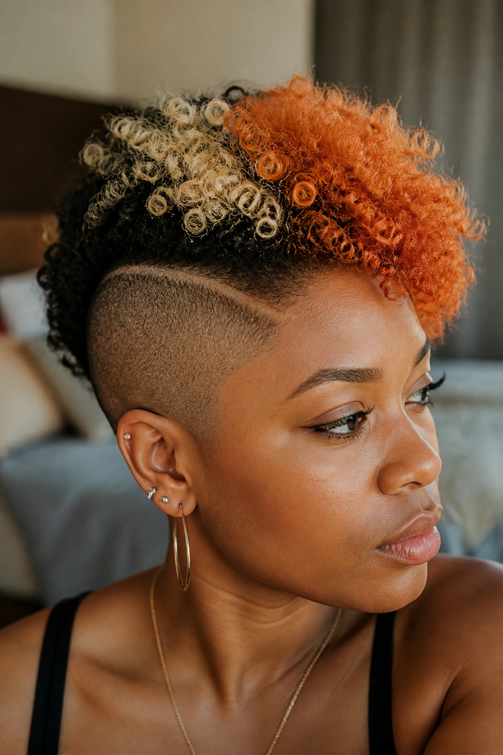 Close-up portrait of a real person with bold shaved side and color-blocked curls in warm window light