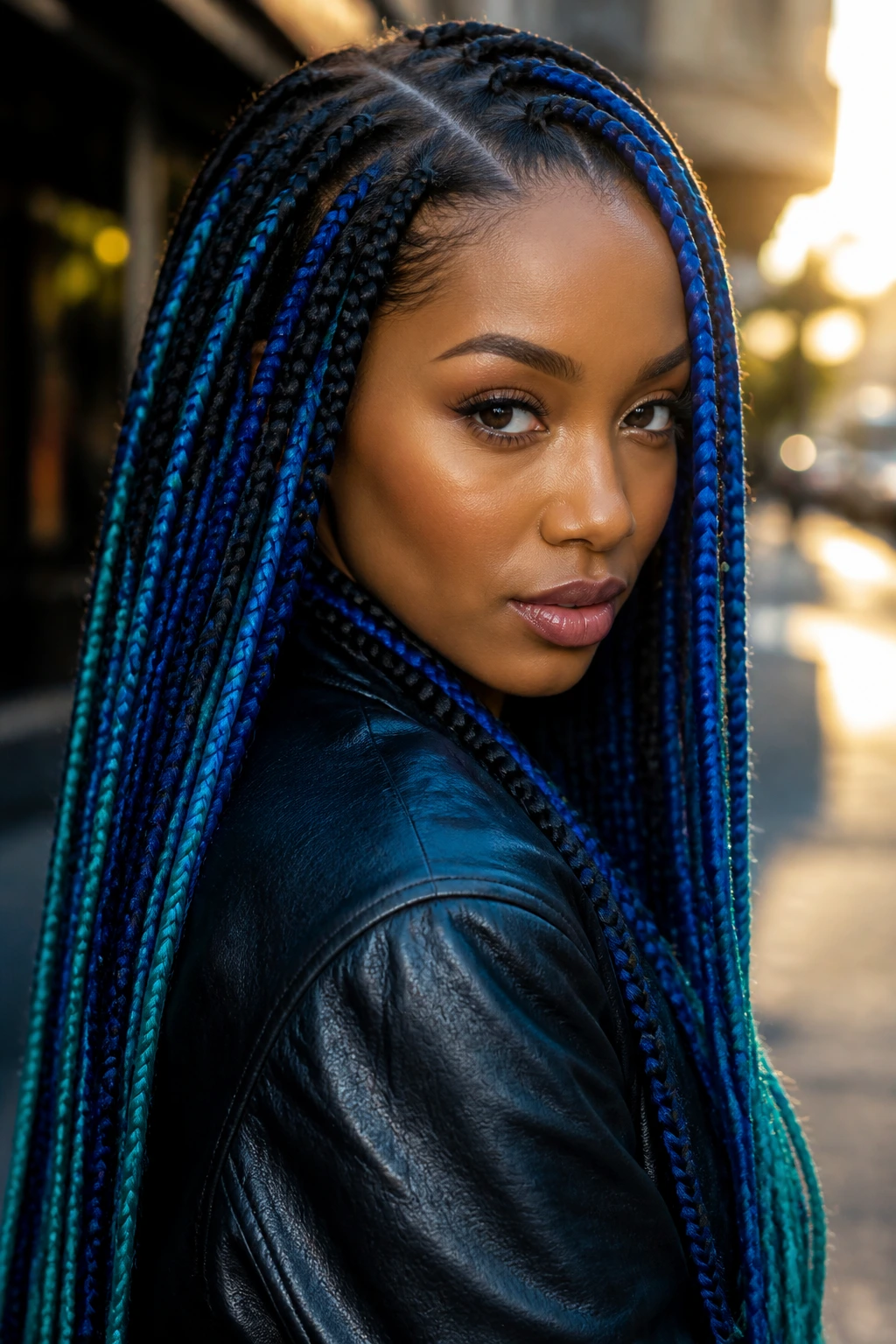 Close-up portrait of a real woman with bold teal and cobalt braids in an urban setting