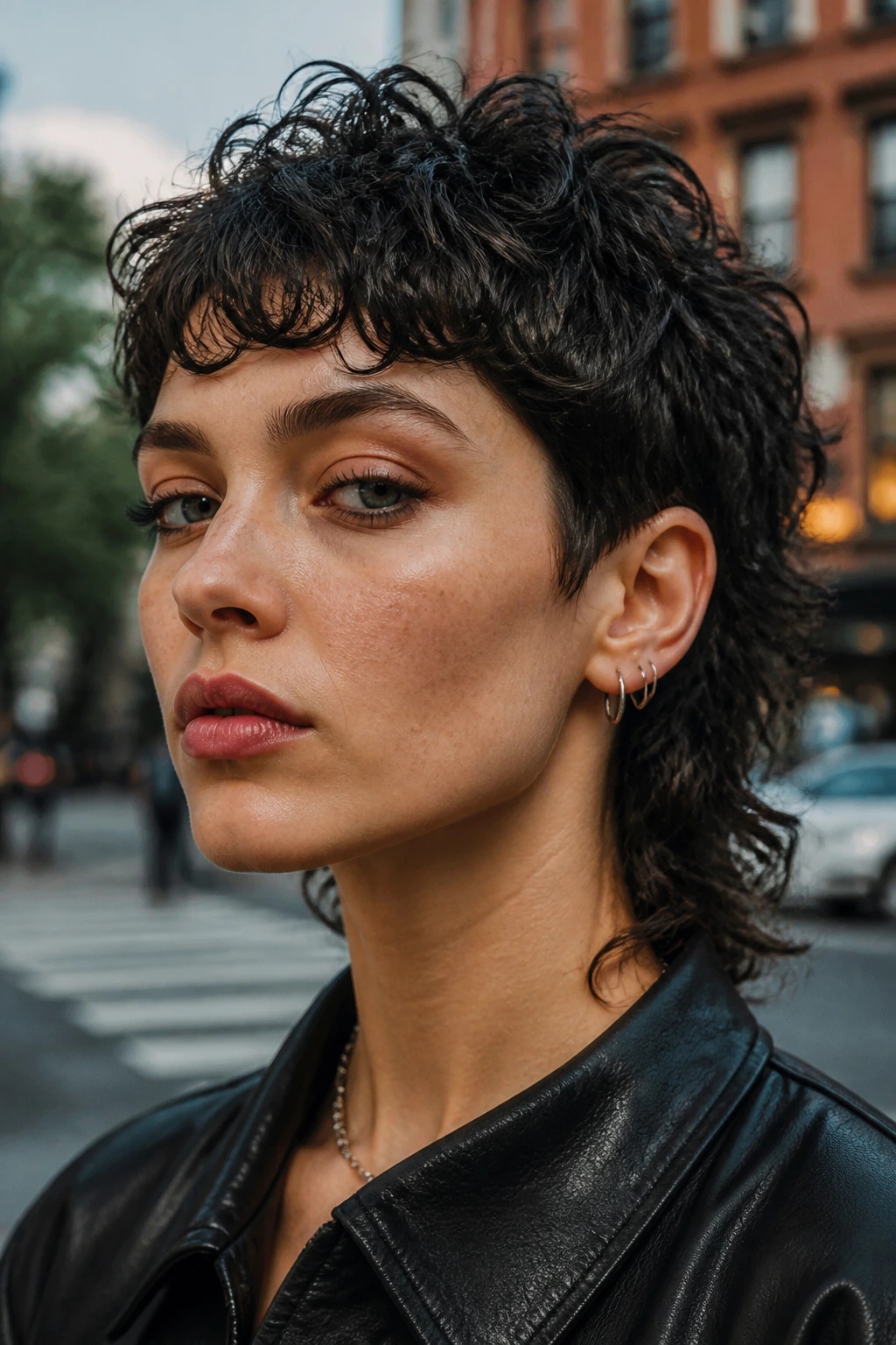 Real person with bold micro-mullet wolf hairstyle on city street