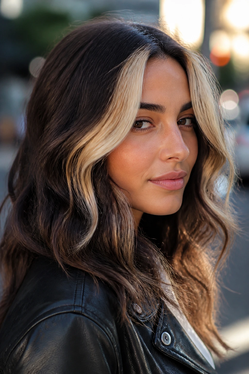 Close-up of a real person with a bold chunky money piece on wavy hair