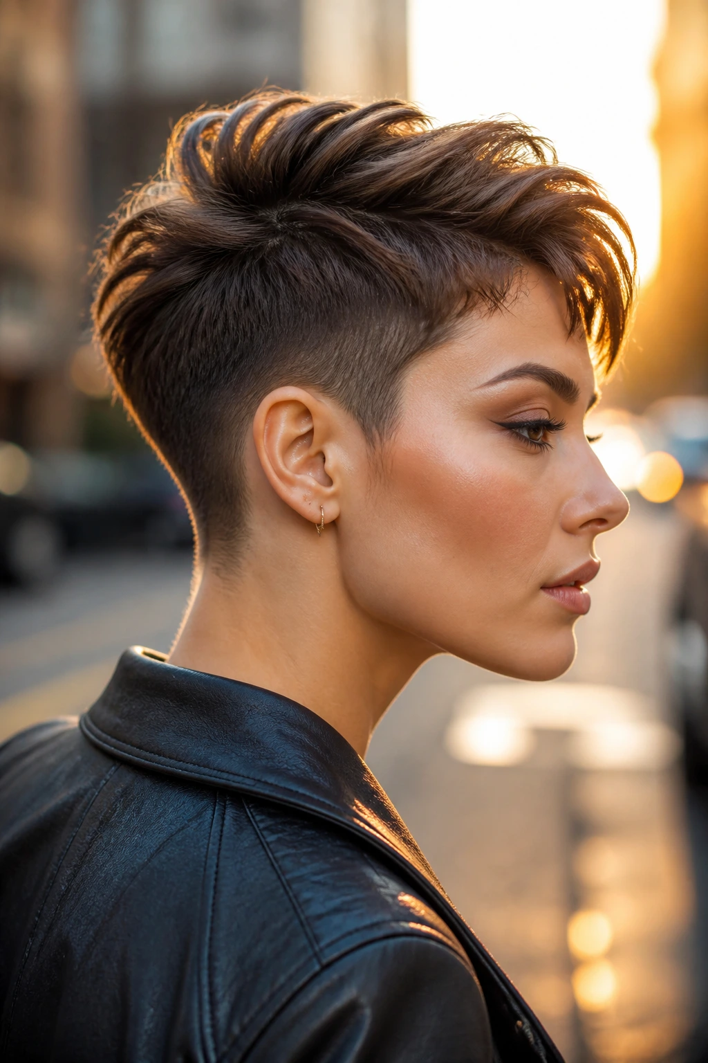 Side-profile of a real person with a bold sculpted pixie and crisp neckline